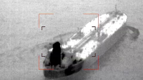 DF Peak as seen from a French Navy aerial asset during the boarding operation, October 12, 2026