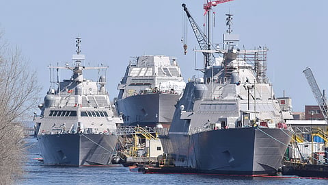 Three US Navy Freedom-class littoral combat ships under various stages of construction at Fincantieri Marinette Marine's shipyard in Marinette, Wisconsin