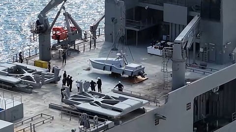 A Saronic USV on the deck of the Hellenic Navy support ship HS Perseas