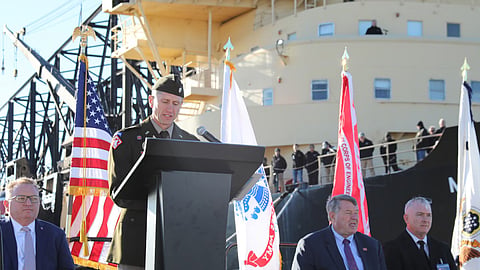 US Army Corps of Engineers Philadelphia District Commander Lieutenant Colonel Ryan A. Baum speaks during a farewell ceremony for the dredger McFarland at Fort Mifflin in Philadelphia, October 23, 2026. The ceremony marked the completion of McFarland’s final operational mission and recognised nearly six decades of service supporting navigation, emergency, response and national defence missions.