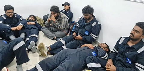 Some of the crew of the crude oil tanker Heroic Idun shortly after they were detained by local authorities in Equatorial Guinea in August 2022