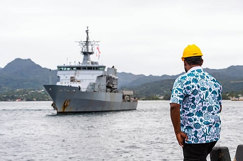 The offshore patrol vessel HMNZS Wellington arrives in Suva ahead of fisheries and maritime security patrols in support of the Forum Fisheries Agency. (Photo: NZDF)