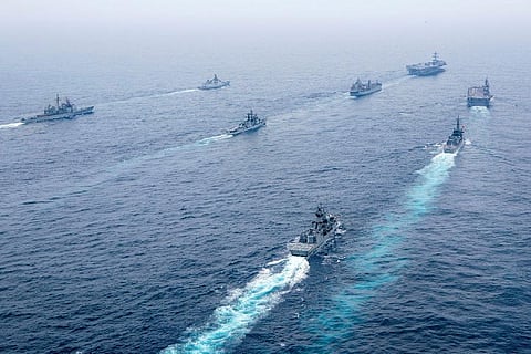 Naval vessels from Australia, India, Japan and United States sail in formation in the Indian Ocean during Exercise MALABAR, October 12, 2021. (Photo: Australian Department of Defence/LSIS Ernesto Sanchez/
