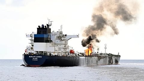 The Marshall Islands-flagged tanker Marlin Luanda catches fire after being hit by a Houthi drone in the Gulf of Aden, January 26, 2024.