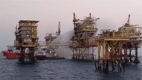 Response vessels dousing Pemex's Akal Bravo platform with water after it caught fire in the Bay of Campeche offshore Mexico, April 6, 2024