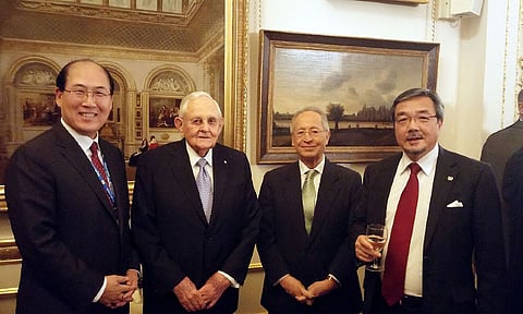 Left-to-right: IMO Secretary-General elect Mr Kitack Lim, Secretary-General Emeritus Mr William A. O’Neil (IMO Secretary-General 1990-2003), Secretary-General Emeritus Mr. Efthimios E. Mitropoulos (IMO Secretary-General 2004-2011), and IMO Secretary-General Mr. Koji Sekimizu in 2015 (Photo: IMO)