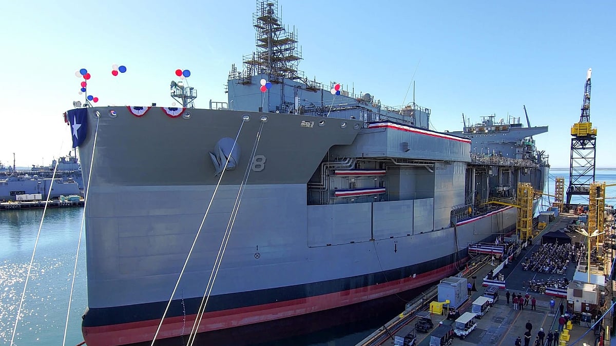 The US Navy expeditionary sea base USNS Hector A. Cafferata Jr. at her christening ceremony in San Diego, March 7, 2026