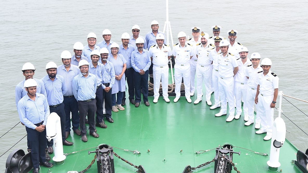 Representatives of Goa Shipyard and the Indian Coast Guard during the delivery ceremony of the Adamya-class fast patrol vessel ICGS Ajit, August 25, 2026