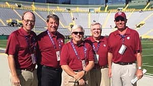 Dave Schuelke, Spring Bank, Brookfield, Wis., at Lambeau Field prior to a Green Bay Packers game. Schuelke was recommended for a communications role with the team by a banking peer. Pictured, from left: Schuelke, Jerry Mortell, Nicolet National Bank, Marinette, Wis., and Tom Weinstein, Bob Burns and Tim Wise, all members of the NFL operations staff.