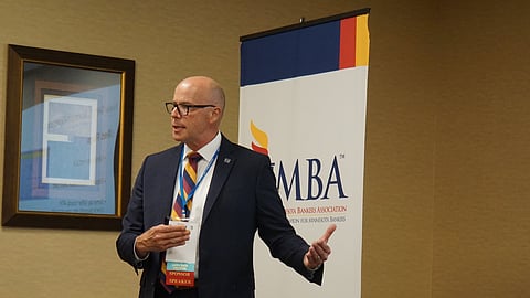 SHAZAM Senior Robbery and Crisis Management Consultant Mike Burke outlines the cyber threats he sees banks face June 10 during the annual Minnesota Bankers Association conference in Brainerd, Minn. (Sam Wilmes/BankBeat)
