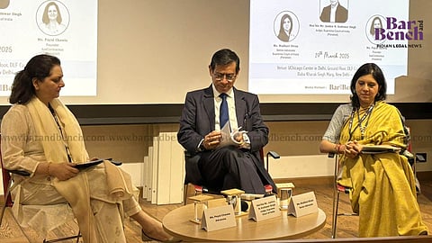 Advocate Payal Chawla (left) Justice N Kotiswar Singh, Senior Advocate Madhavi Divan (right)