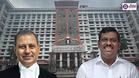Kerala High Court with Justice DK Singh on one side and ex-MLA R Rajesh 