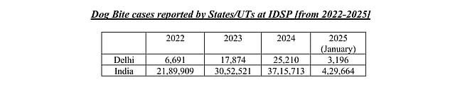 Number of reported dog bites in India and Delhi NCR between 2022-2025