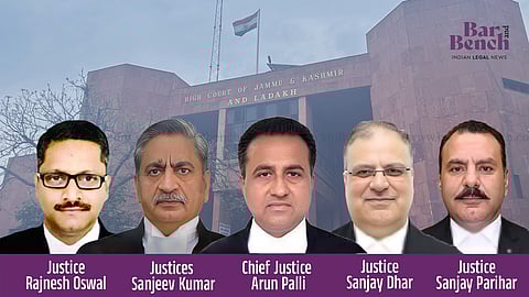 Chief Justice Arun Palli along with Justices Sanjeev Kumar, Rajnesh Oswal, Sanjay Dhar, and Sanjay Parihar