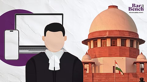 Mobile, laptop and Lawyer with Supreme Court