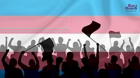 Transgender Pride Flag and People Protesting 