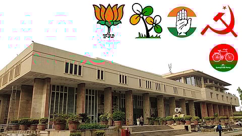 Delhi High Court with election symbols of congress, BJP, TMC, Samajwadi Party and CPI(M)
