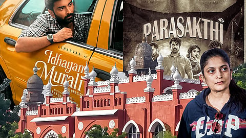 Filmmaker Sudha Kongara, posters of films Parasakthi and Idhayam Murali
