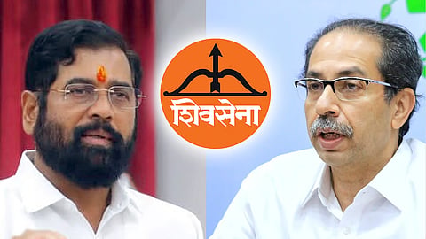 Uddhav Thackeray and Eknath Shinde with Shiv Sena party Logo