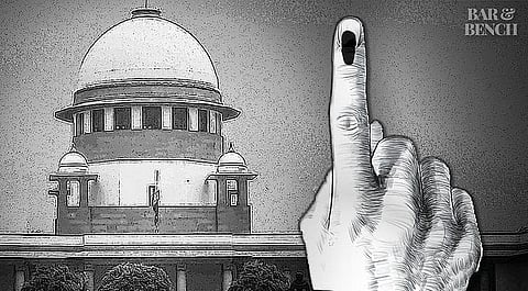 Finger with indelible ink mark (right to vote) and Supreme Court
