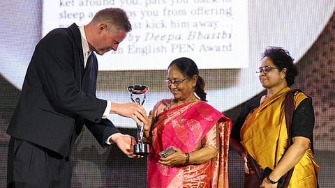 Banu Mushtaq and Deepa Bhasth and Chair of Booker judges Max Porter 