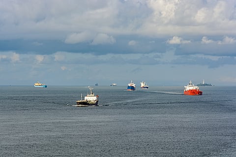 Malacca Strait, panoramic, sea, tankers, vessels, clouds