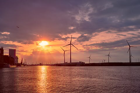 Antwerp, port, wind turbines, sun rays