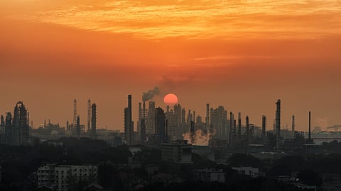 China, refinery, sunset, red sky