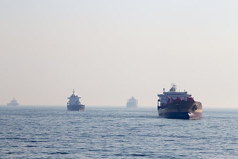 Photo showing petroleum tankers at sea near Ulsan, South Korea