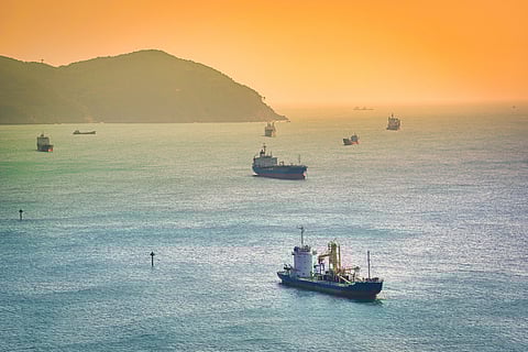 Photo showing vessels off Busan at sunset