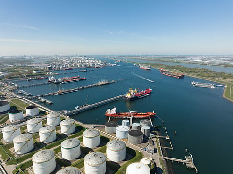 Photo of vessels and storage tanks in port of Rotterdam