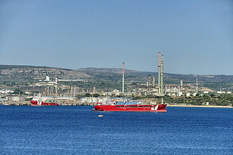 Photo of vessel in waters off refinery in Augusta