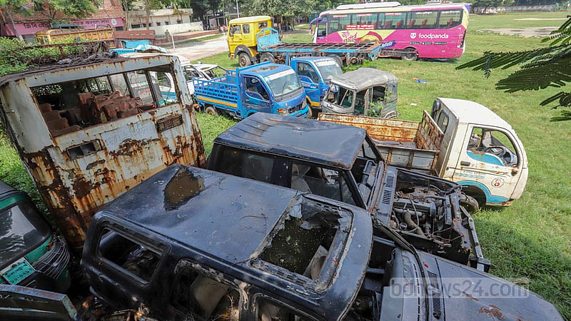 Vehicles seized by the authorities at Darus Salam Police Station take up a section of the Eidgah and playground in Mirpur's Golartek. The cars, which are meant to be used as evidence in various cases, are gathering rust from remaining out in the open for a long time.