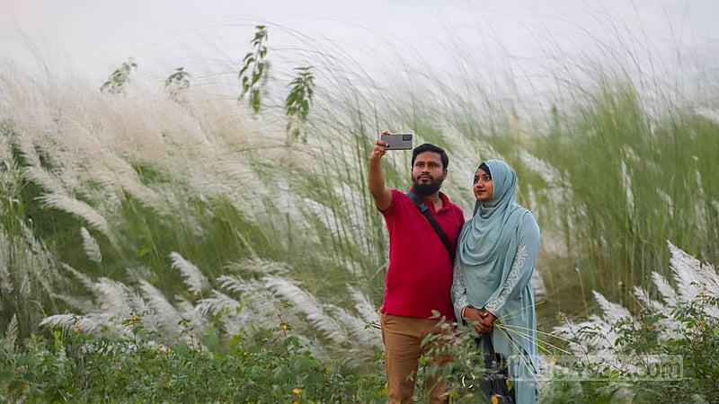 Many people take photos in the striking fields of Kans grass in Dhaka's Aftabnagar.