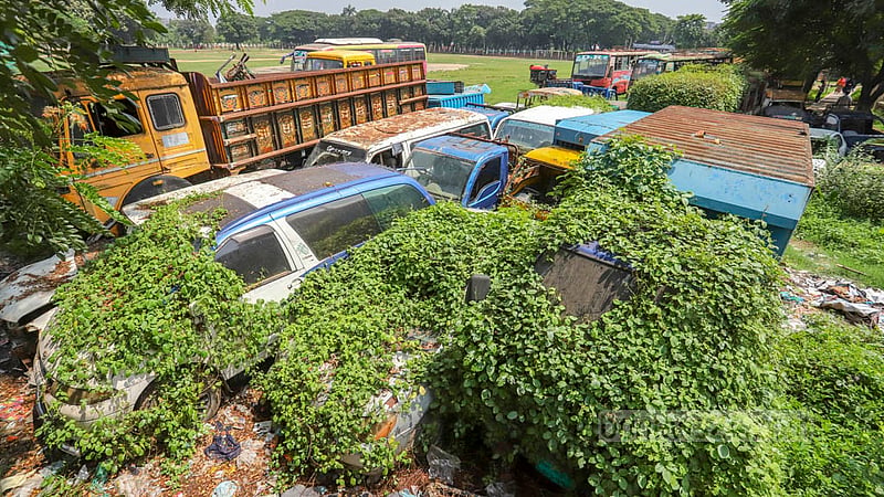 The cars seized by the police are corroding from exposure to the elements at Mirpur's Golartek playground.