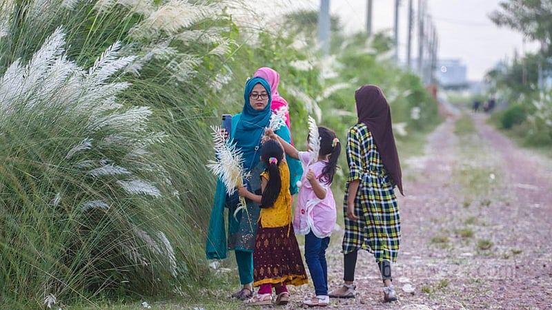 Many families have come to see the fields of Kans grass at Dhaka's Aftabnagar.