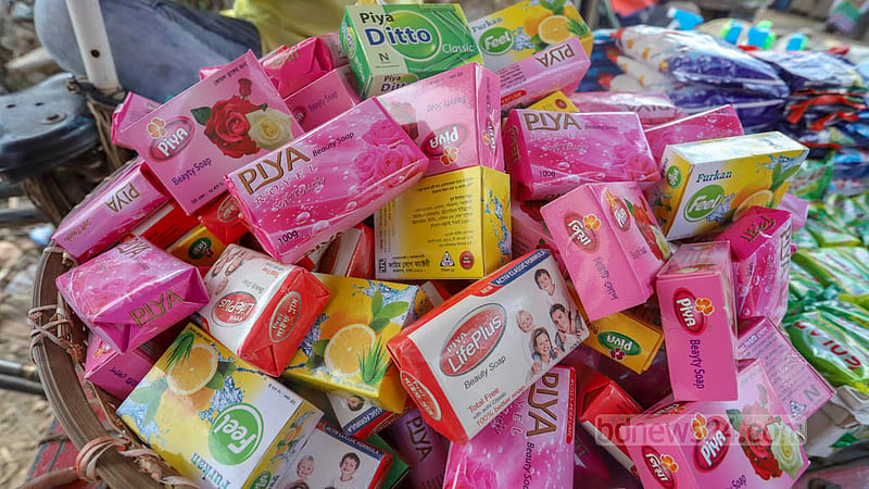 Attractively wrapped but substandard soaps are on display at a street shop in Dhaka. The traders are charging half of the price of popular brands for these low-quality products.