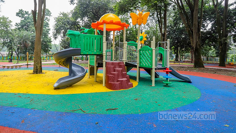A newly installed slide is seen at the children's corner in Ramna Park.