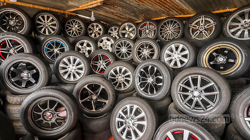 Used tyres are displayed in a shop on Uttara's Sonargaon Janapath Road in the Khalpar area. The tyres are sold for half of the price of new ones.