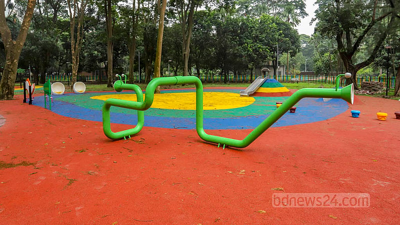 Several types of playground equipment have been installed at the children’s corner in Ramna Park, taking up a significant portion of the park.  Photo: asif mahmud ove