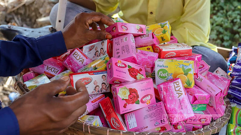 Attractively wrapped but substandard soaps are on display at a street shop in Dhaka. The traders are charging half of the price of popular brands for these low-quality products.