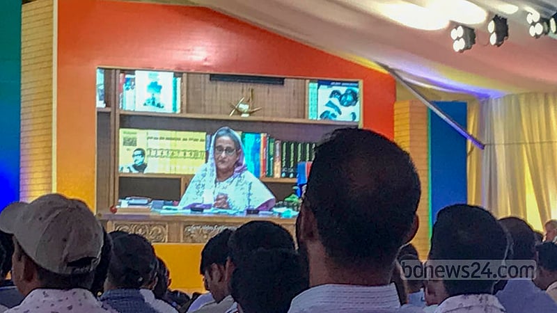 Prime Minister Sheikh Hasina speaks via video conferencing at an event marking the installation of a reactor pressure vessel at the second unit of Rooppur Nuclear Power Plant in Pabna on Wednesday, Oct 19, 2022.