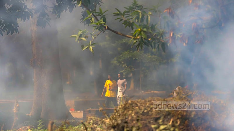 Sightseers walk in smoke from burning waste in Dhaka’s Suhrawardy Udyan on Oct 30, 2022.