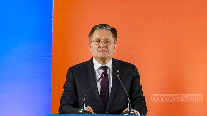 Alexei Likhachev, director general of Russia’s Rosatom State Nuclear Energy Corporation, speaks at an event marking the installation of a reactor pressure vessel at the second unit of Rooppur Nuclear Power Plant in Pabna on Wednesday, Oct 19, 2022.