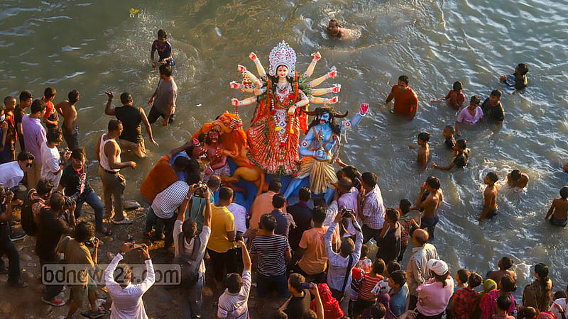 Durga Puja, the biggest festival of the Hindus in Bangladesh, ends through the immersion of idols of the goddess on Bijoya Dashami on Wednesday, Oct 5, 2022.