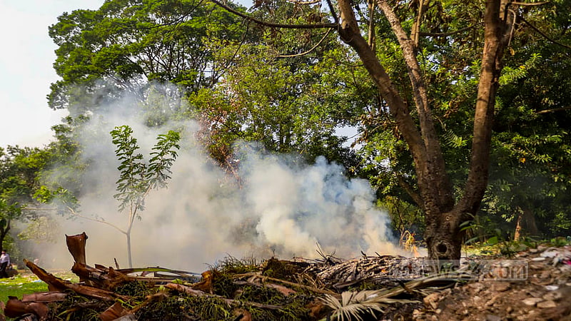 Burning waste and leaves generate thick plumes of smoke in Dhaka’s Suhrawardy Udyan on Oct 30, 2022.