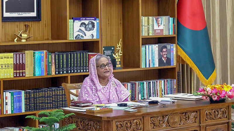 Prime Minister Sheikh Hasina speaks via video conferencing at an event marking the installation of a reactor pressure vessel at the second unit of Rooppur Nuclear Power Plant in Pabna on Wednesday, Oct 19, 2022.