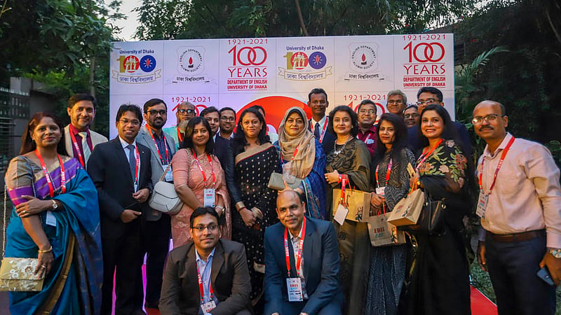 Alumni of Dhaka University's English Department pose for a photo at their reunion at Pan Pacific Sonargaon hotel on Friday, Nov 18, 2022.