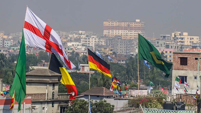 Football fans in Amin Bazar decorated their rooftops with flags to celebrate the World Cup. Photo taken on Sunday, Nov 20, 2022. Photo: Asif Mahmud Ove