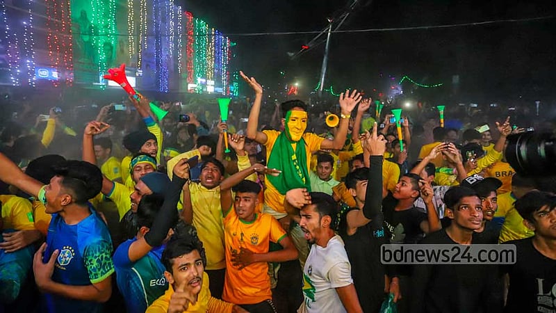 Bangladeshi fans at Dhaka University celebrate a goal scored by Brazil against South Korea in their last 16 clash of the Qatar World Cup.